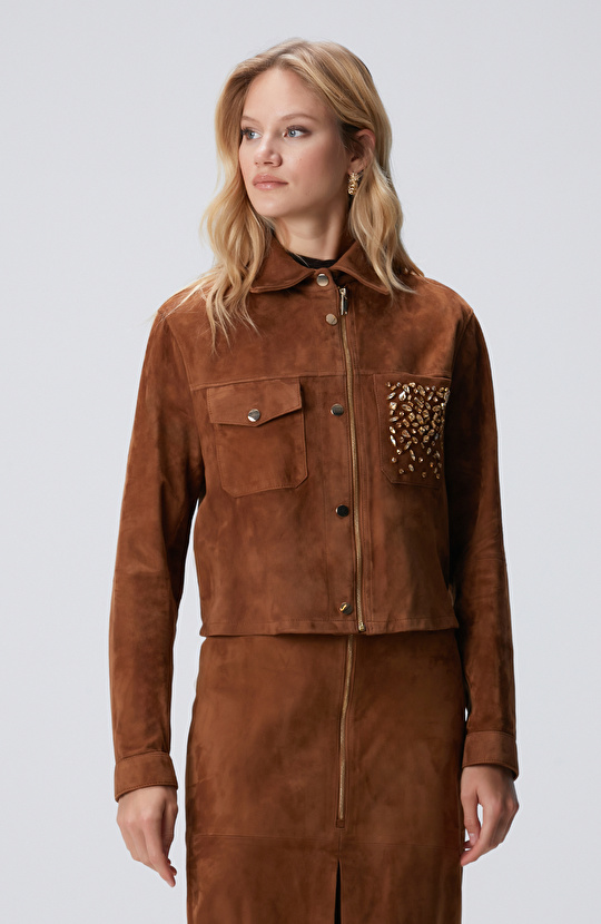 Tarçın Taş Detaylı Süet Deri Mont