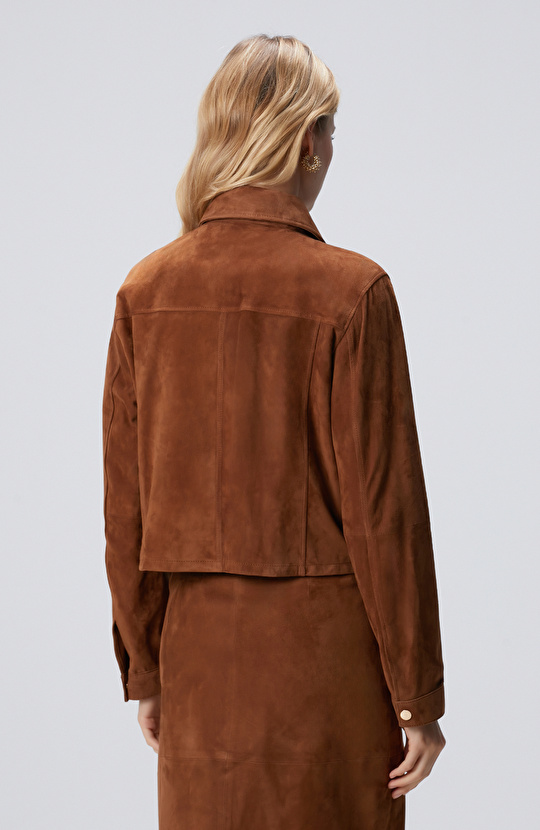 Tarçın Taş Detaylı Süet Deri Mont