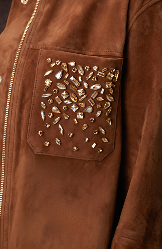 Tarçın Taş Detaylı Süet Deri Mont