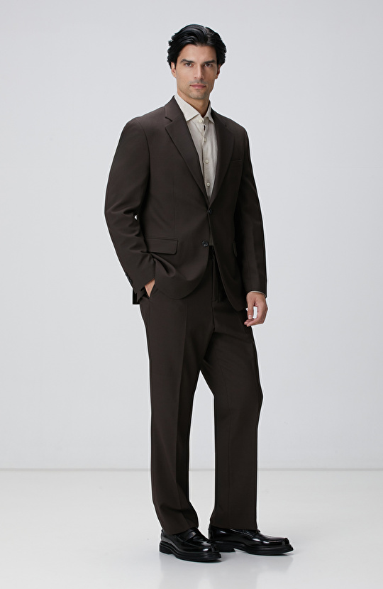 Kahverengi Diyagonal Yün Karışımlı Takım Elbise