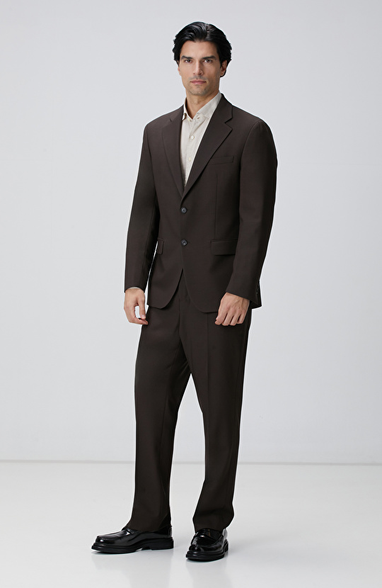 Kahverengi Diyagonal Yün Karışımlı Takım Elbise