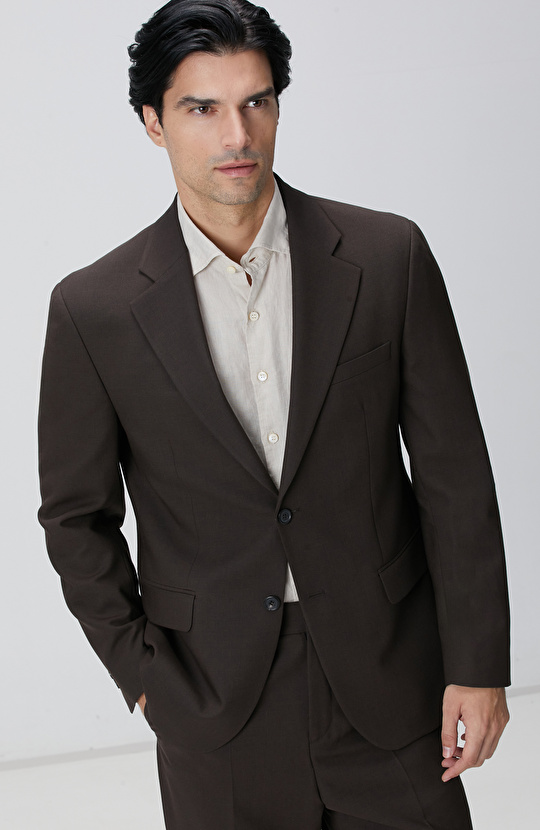 Kahverengi Diyagonal Yün Karışımlı Takım Elbise