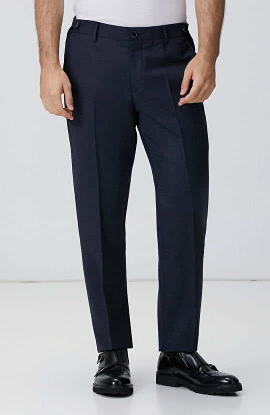 Lacivert Yün Karışımlı Kemerli Pantolon