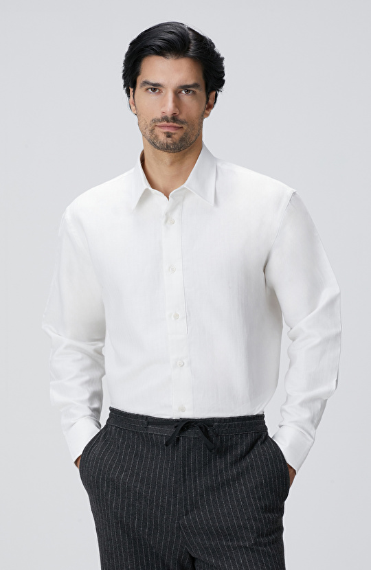 Beyaz Keten Karışımlı Gömlek