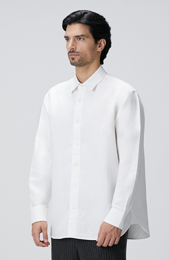 Beyaz Keten Karışımlı Gömlek