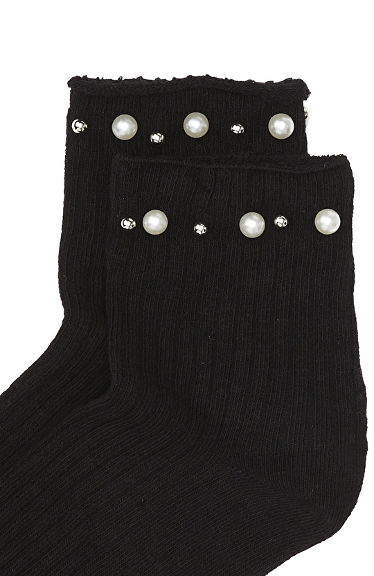 Siyah İnci Detaylı Kadın Çorap