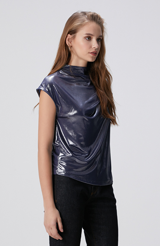 Lacivert Parlak Örme Bluz