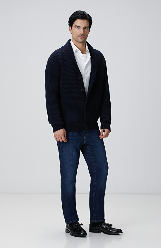 Lacivert Selanik Örgülü Triko Hırka