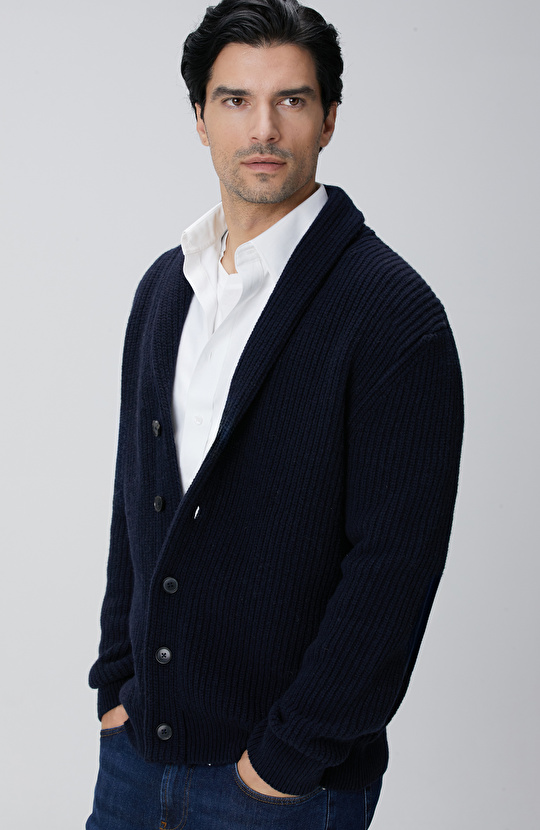 Lacivert Selanik Örgülü Triko Hırka