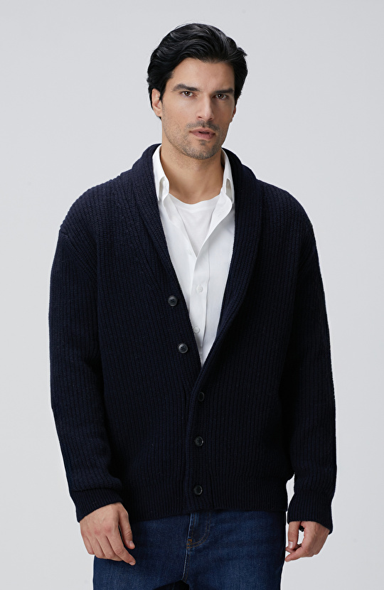 Lacivert Selanik Örgülü Triko Hırka