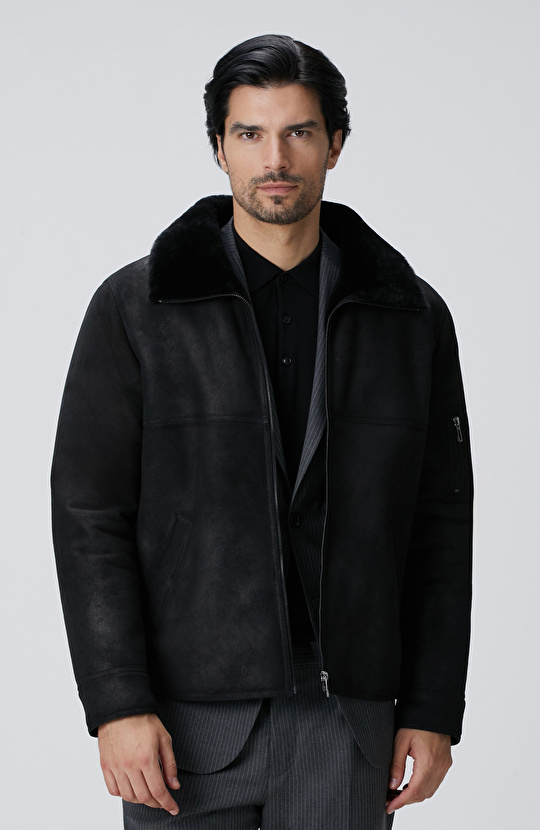 Siyah İçi Kürklü Deri Mont