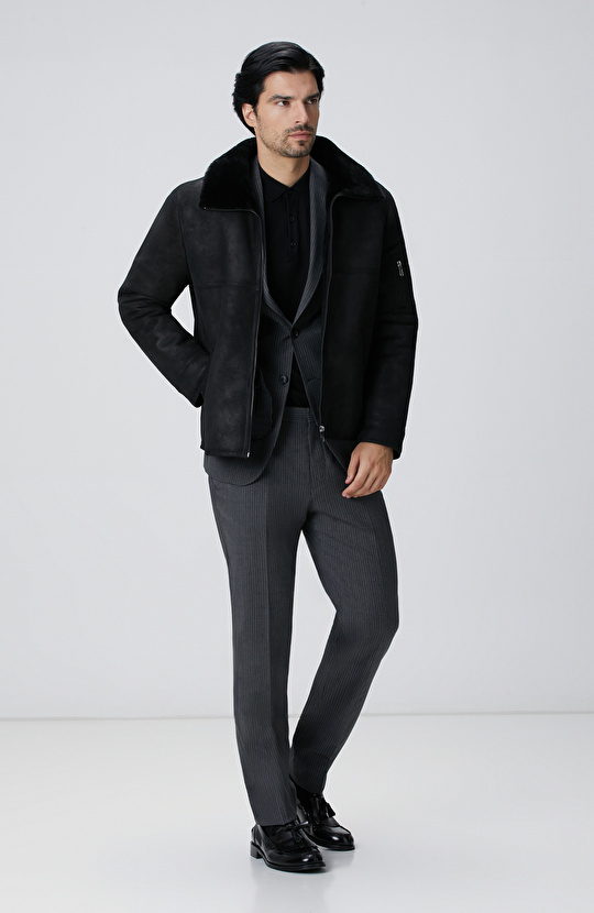 Siyah İçi Kürklü Deri Mont