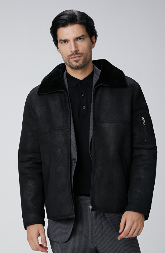 Siyah İçi Kürklü Deri Mont