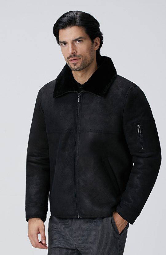 Siyah İçi Kürklü Deri Mont