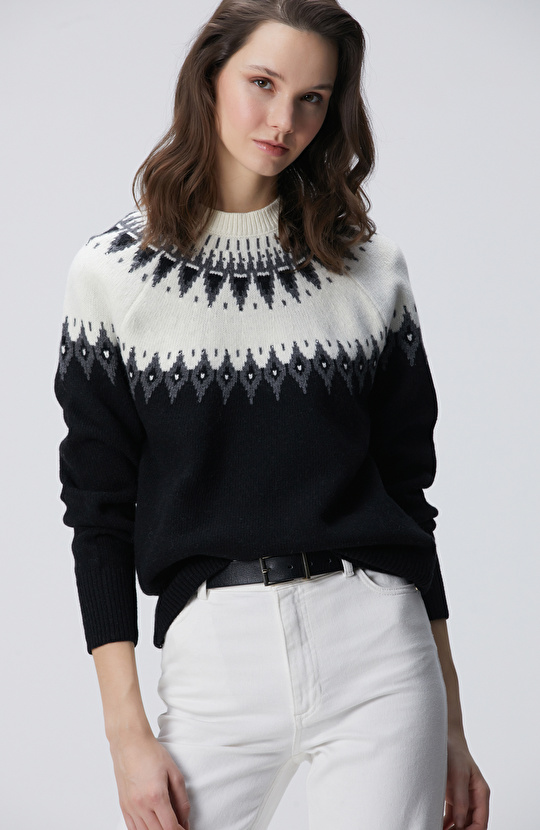 Siyah Desenli Yün Karışımlı Kazak