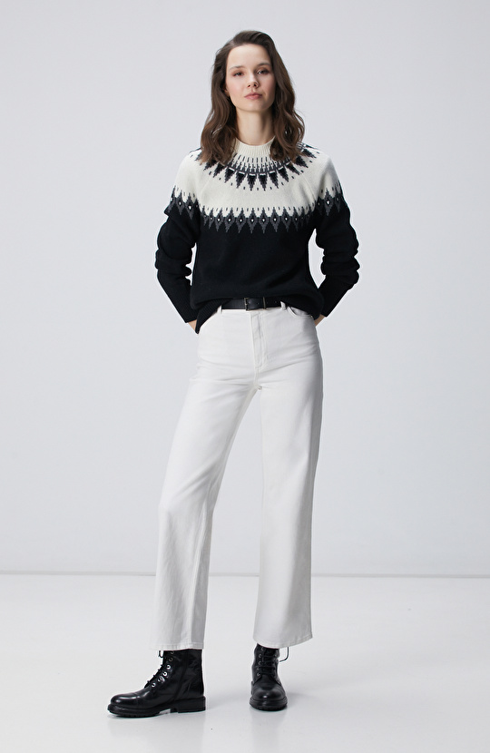 Siyah Desenli Yün Karışımlı Kazak