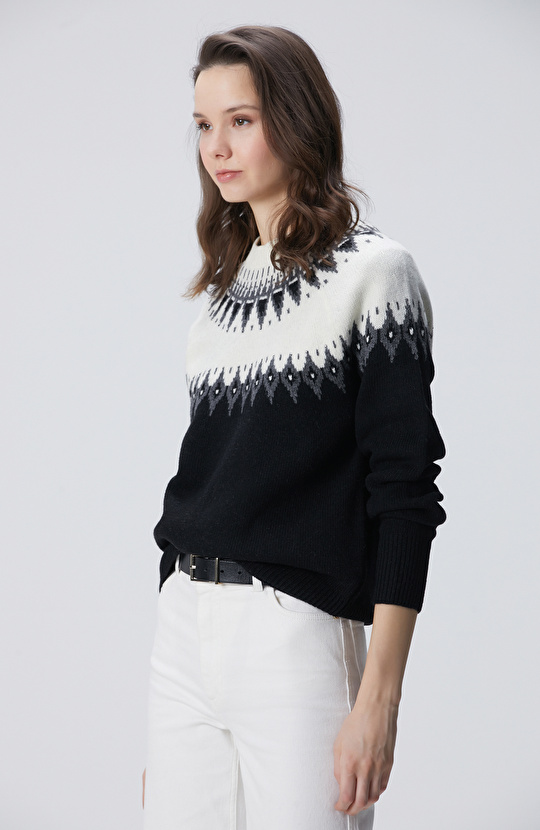 Siyah Desenli Yün Karışımlı Kazak