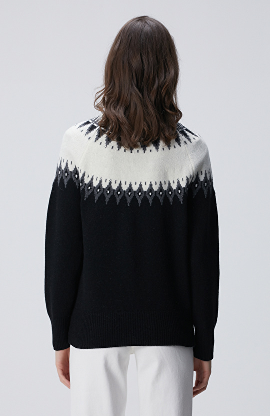 Siyah Desenli Yün Karışımlı Kazak