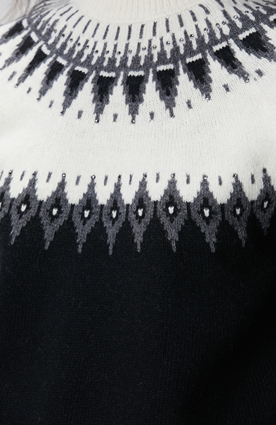 Siyah Desenli Yün Karışımlı Kazak