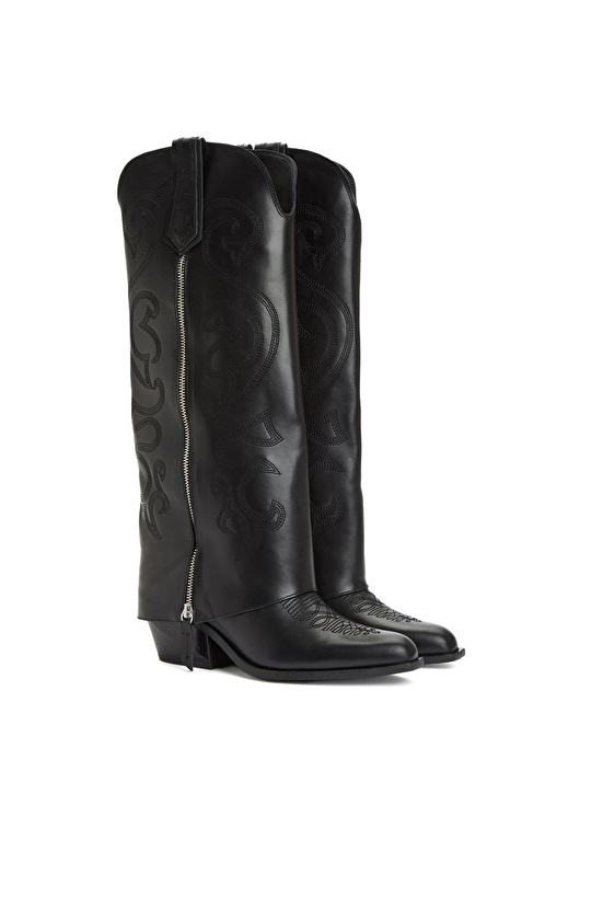 Siyah Desenli Kadın Deri Çizme