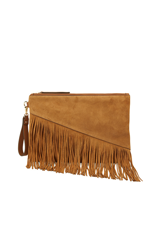 Taba Püsküllü Kadın Süet Clutch