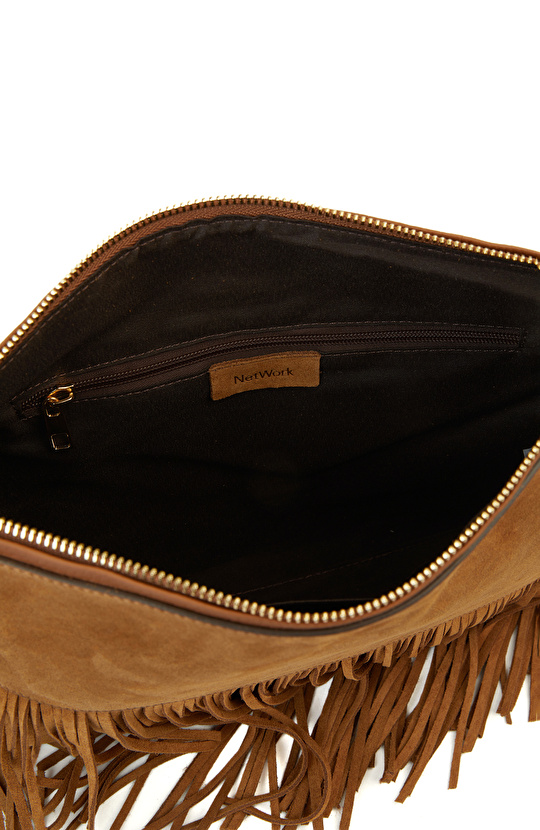Taba Püsküllü Kadın Süet Clutch