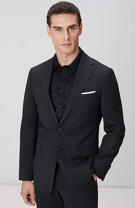 Siyah Diyagonal Yün Karışımlı Takım Elbise