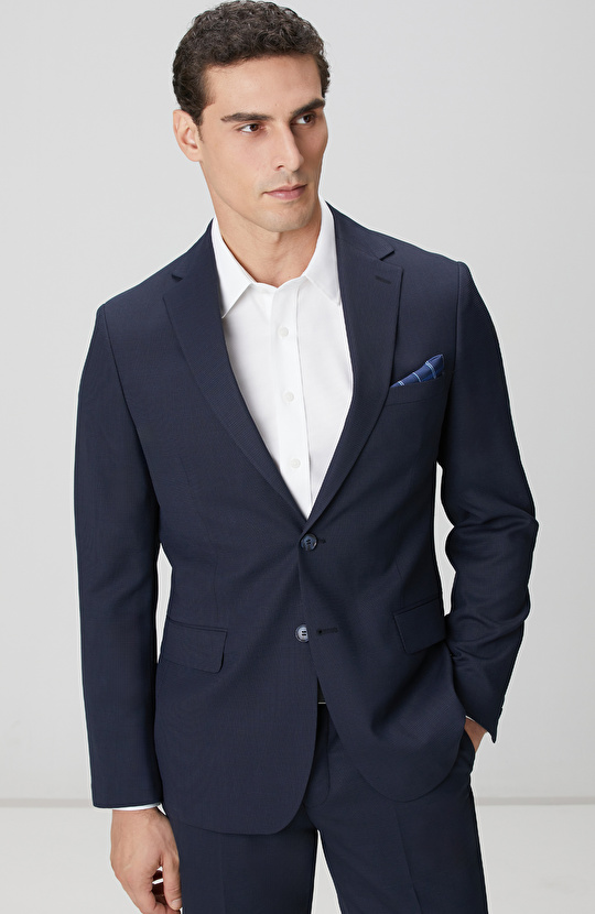 Lacivert Armürlü Yün Karışımlı Takım Elbise