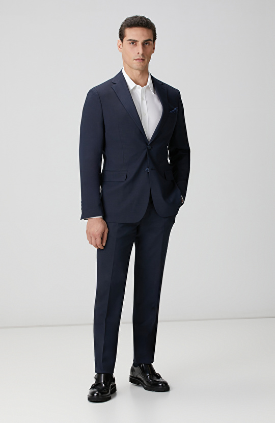 Lacivert Armürlü Yün Karışımlı Takım Elbise