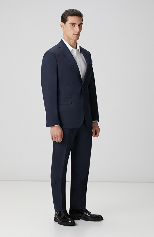 Lacivert Armürlü Yün Karışımlı Takım Elbise