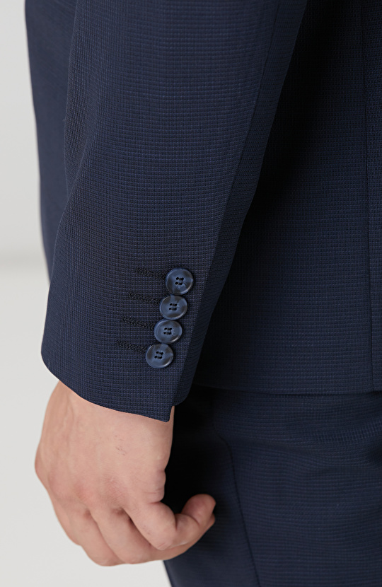 Lacivert Armürlü Yün Karışımlı Takım Elbise