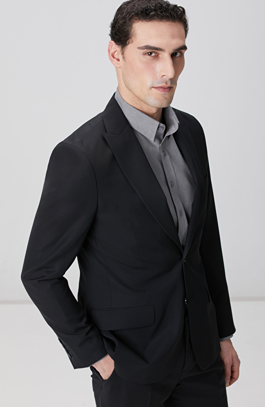 Siyah Piklapel Yaka Yün Takım Elbise