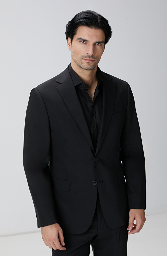 Slim Fit Siyah Yün Karışımlı Takım Elbise