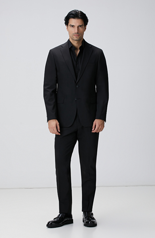 Slim Fit Siyah Yün Karışımlı Takım Elbise