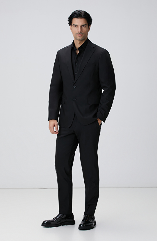 Slim Fit Siyah Yün Karışımlı Takım Elbise