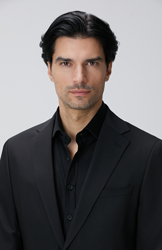 Slim Fit Siyah Yün Karışımlı Takım Elbise