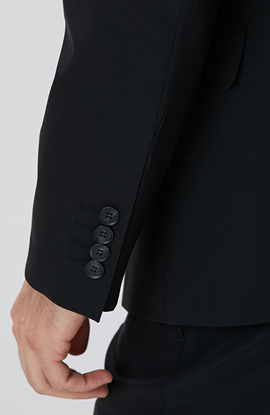 Slim Fit Siyah Yün Karışımlı Takım Elbise