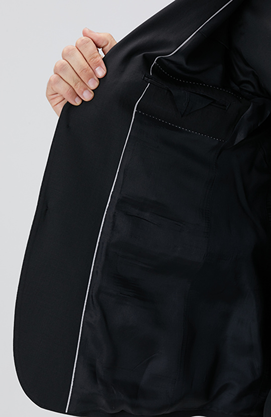 Slim Fit Siyah Yün Karışımlı Takım Elbise