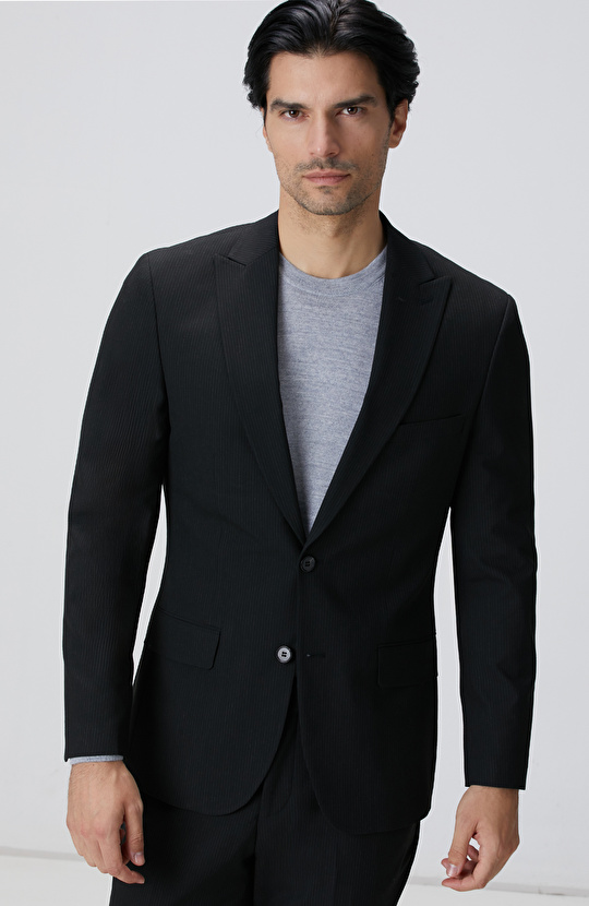 Slim Fit Siyah Çizgili Piklapel Yaka Takım Elbise