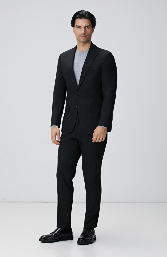 Slim Fit Siyah Çizgili Piklapel Yaka Takım Elbise