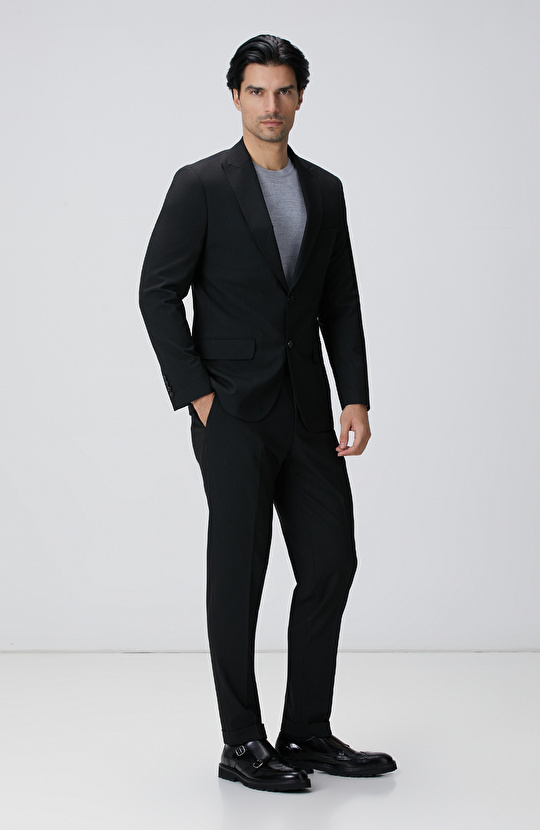 Slim Fit Siyah Çizgili Piklapel Yaka Takım Elbise