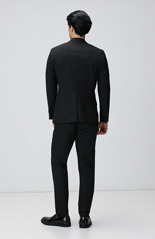 Slim Fit Siyah Çizgili Piklapel Yaka Takım Elbise