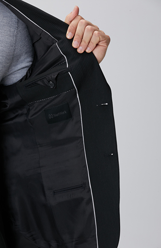 Slim Fit Siyah Çizgili Piklapel Yaka Takım Elbise