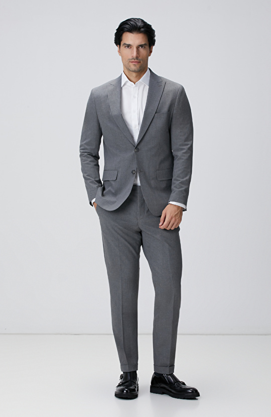 Slim Fit Açık Gri Çizgili Piklapel Yaka Takım Slim Fit Açık Gri Çizgili Piklapel Yaka Takım