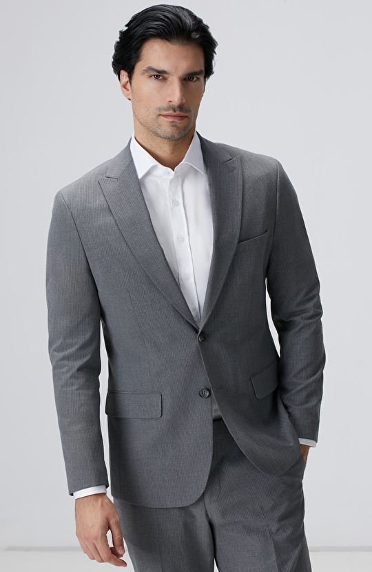 Slim Fit Açık Gri Çizgili Piklapel Yaka Takım