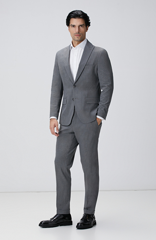 Slim Fit Açık Gri Çizgili Piklapel Yaka Takım