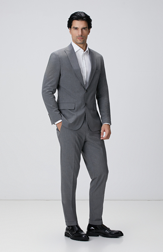 Slim Fit Açık Gri Çizgili Piklapel Yaka Takım