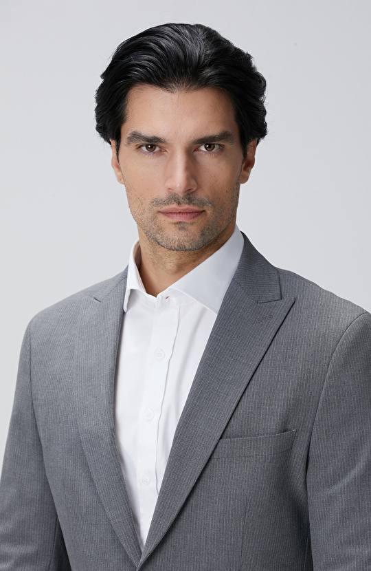 Slim Fit Açık Gri Çizgili Piklapel Yaka Takım