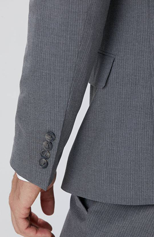 Slim Fit Açık Gri Çizgili Piklapel Yaka Takım