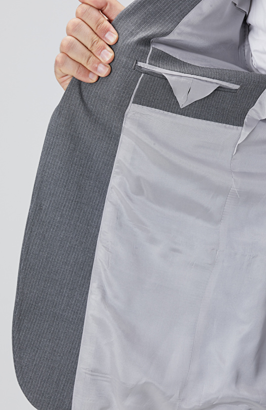 Slim Fit Açık Gri Çizgili Piklapel Yaka Takım